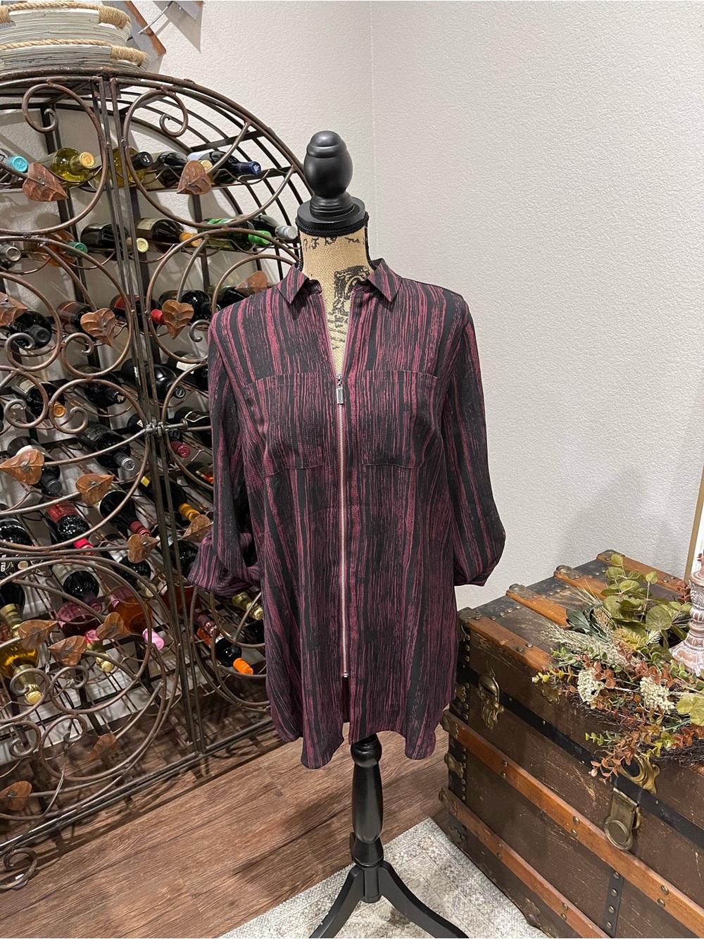 Rock & Republic Black and Burgundy Zip-Front Tunic